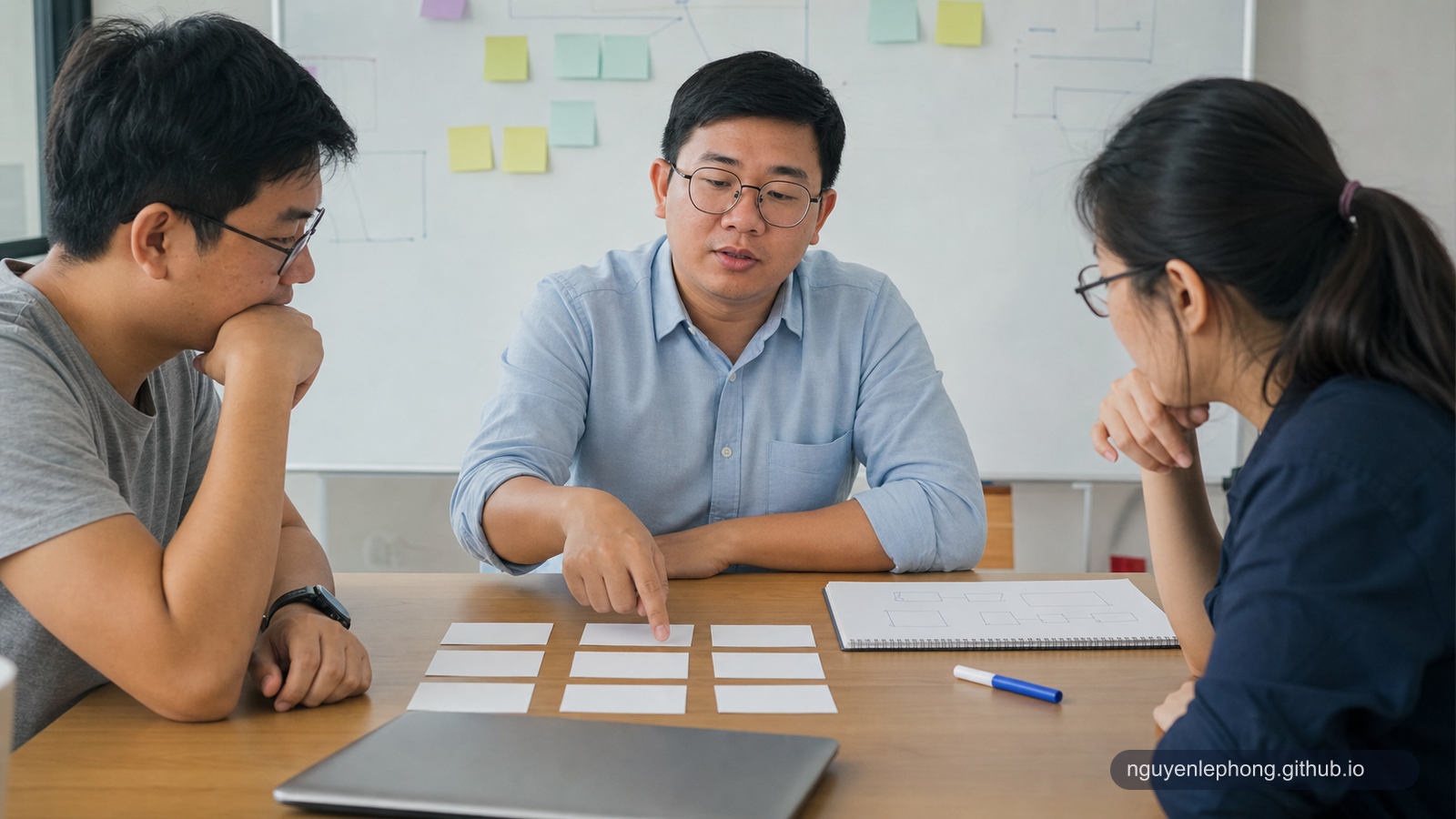 A software team calmly reorders blank planning cards after new integration assumptions become visible.