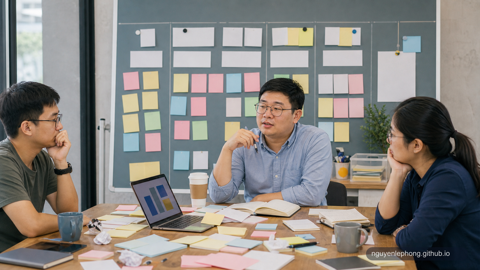 A software team sits under a crowded blank process board after a long meeting, weighing ceremony against real learning.