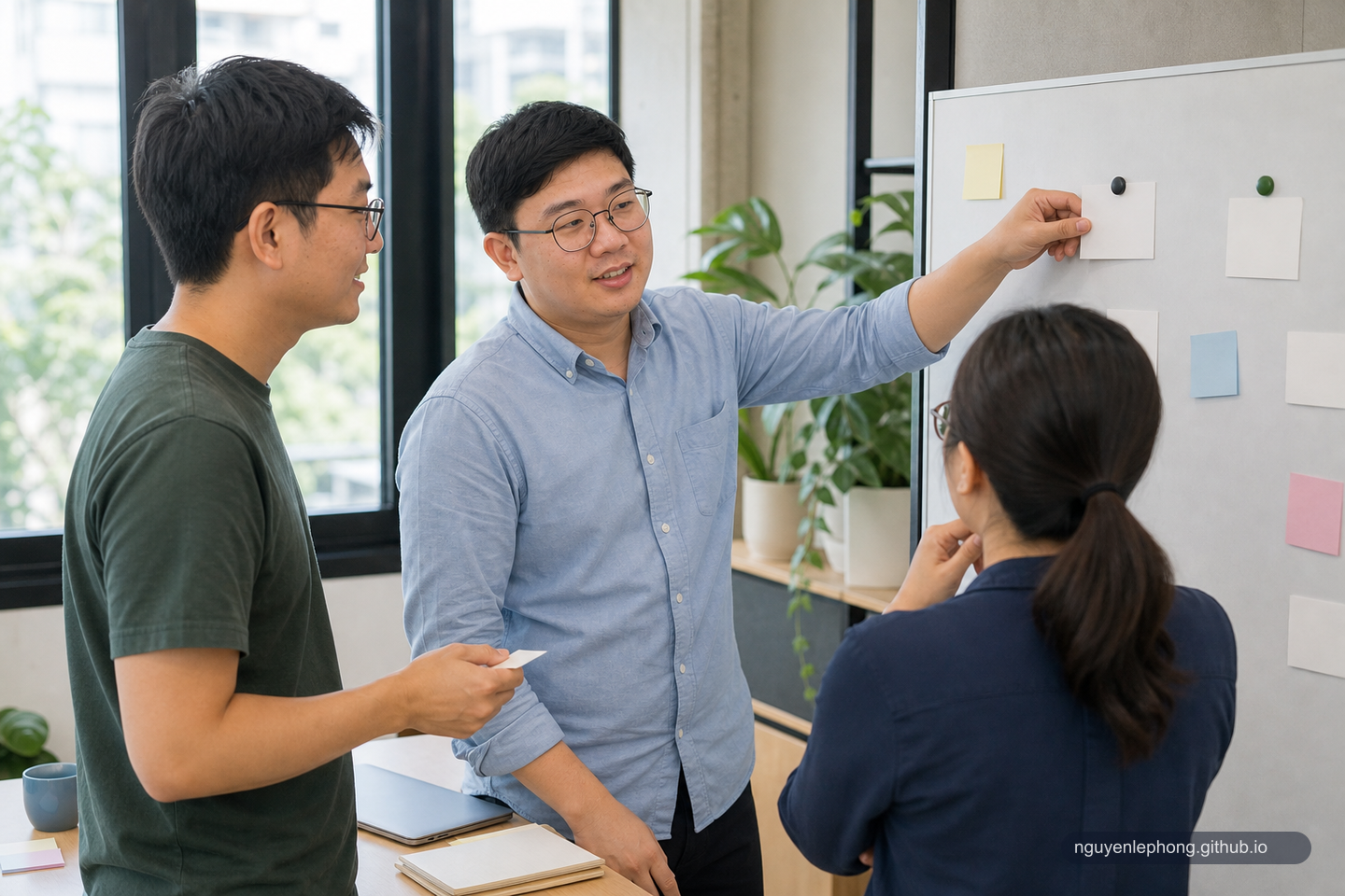 A small software team keeps a short practical standup around a simple blank board.
