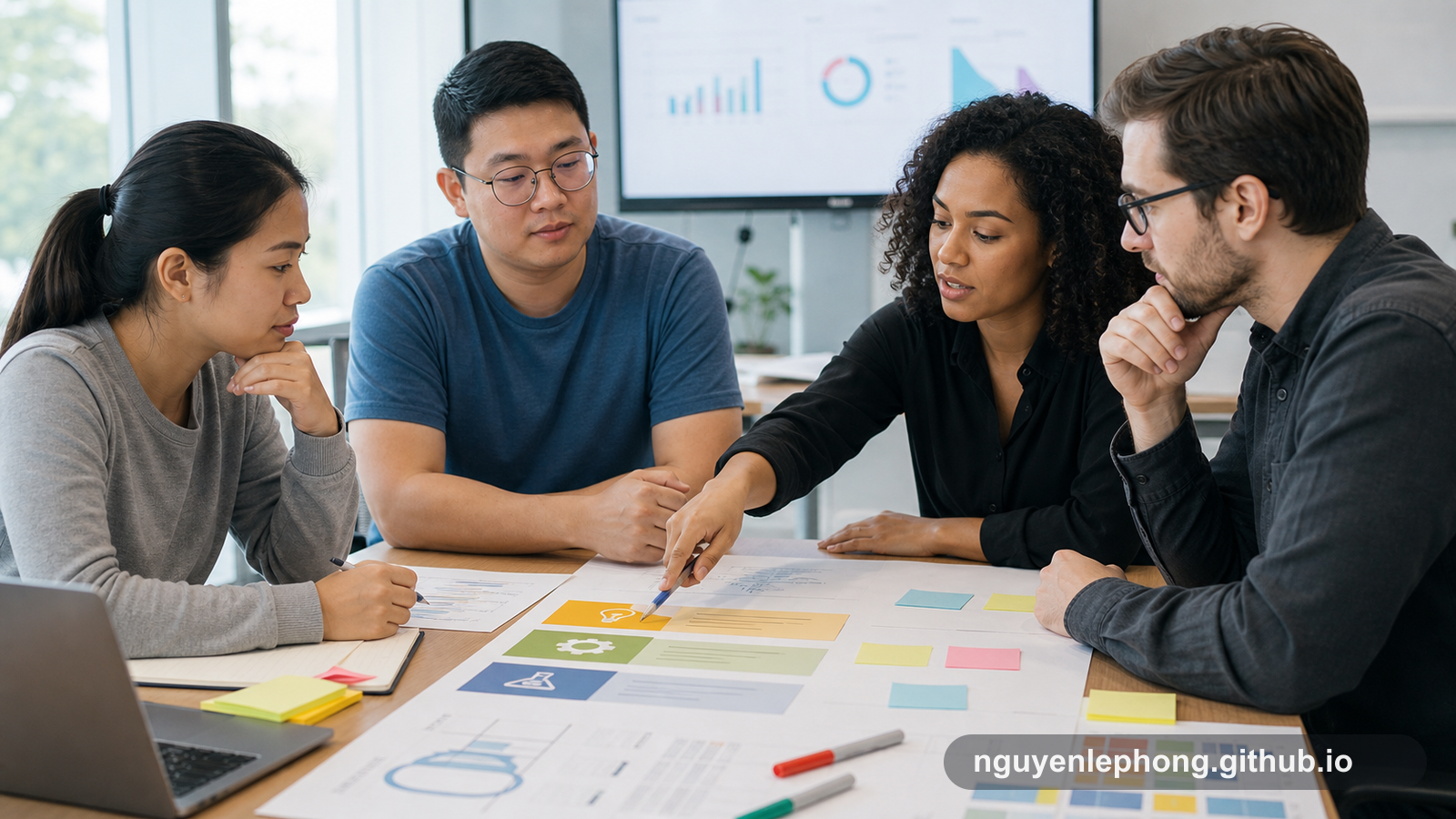 Một product team so sánh nhiều lựa chọn feature trên cùng một bàn, trong khi một người đồng đội làm rõ các dòng value và trade-off của plan.