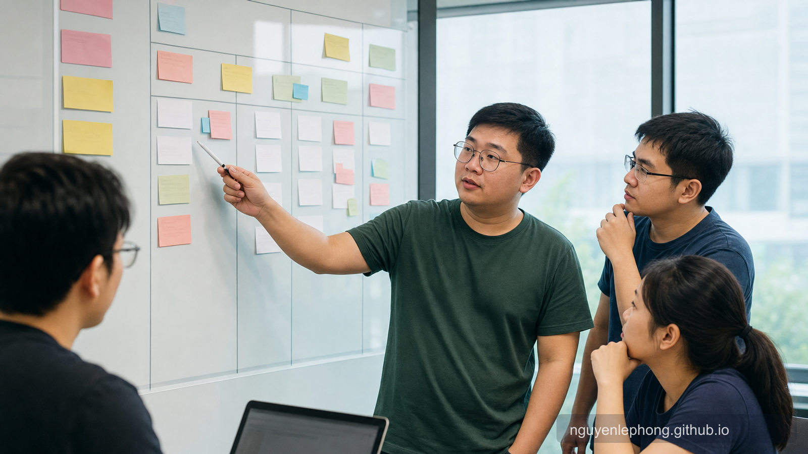 A software team reviews a Scrum board together while one teammate points to grouped work items and status columns.
