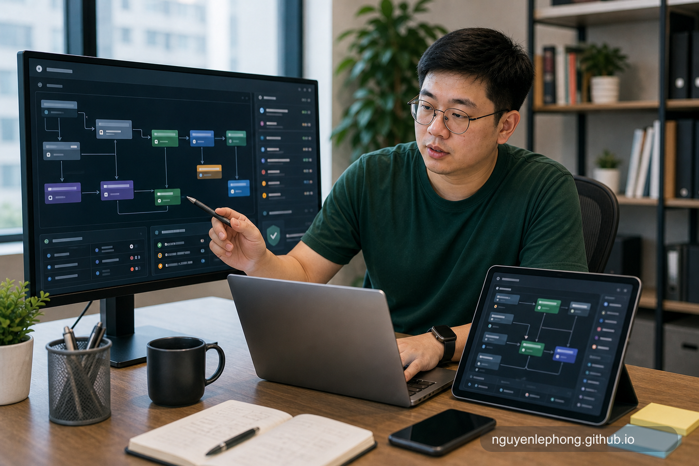 Phong supervising a multi-step agent workflow across a large monitor and tablet, showing how roles and tools are orchestrated inside one system.