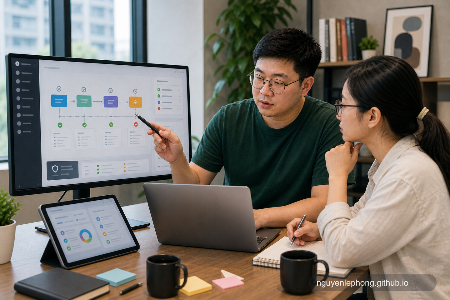 Phong and a teammate reviewing an AI workflow checkpoint together before approving the next step in the system.