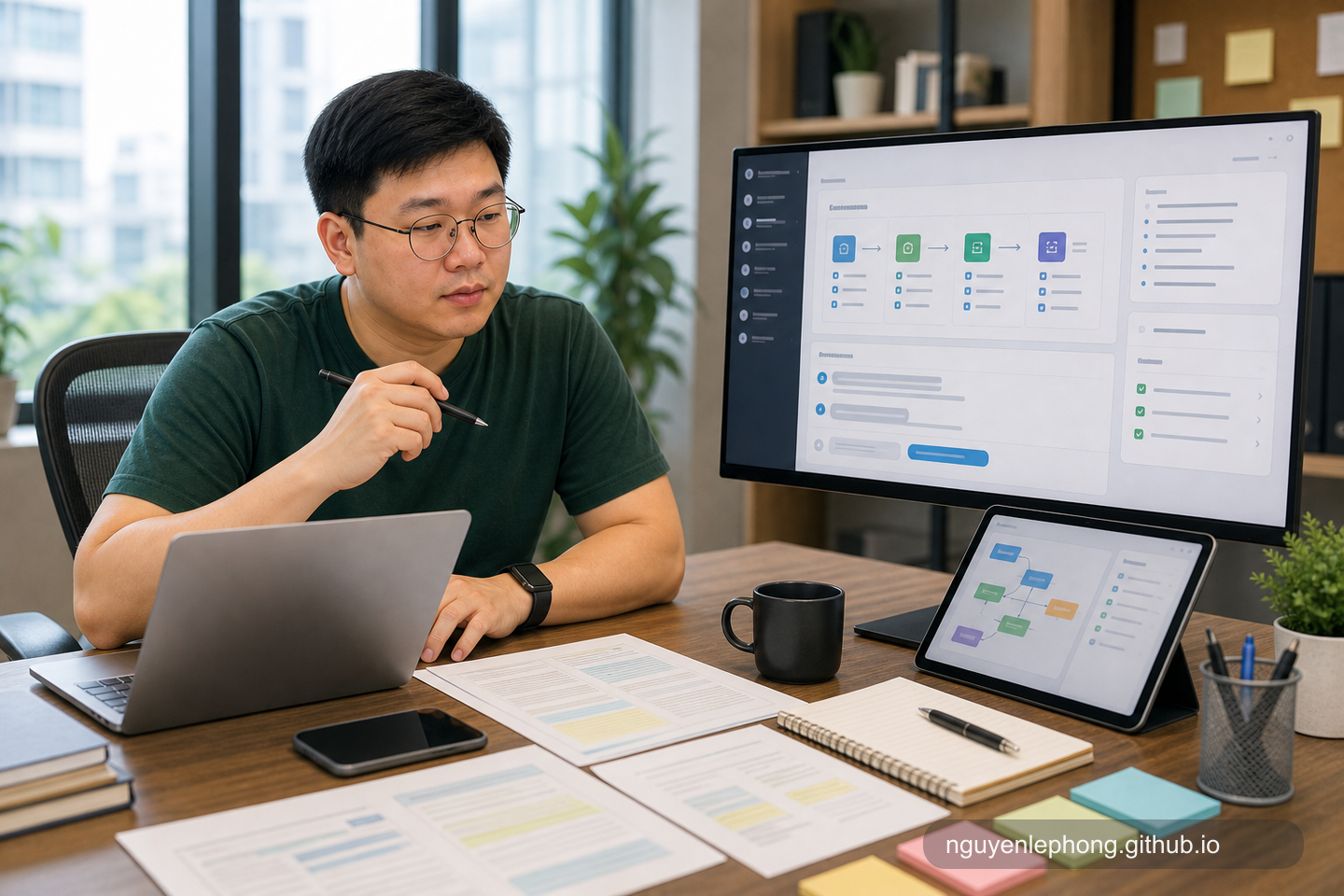 Phong reviewing source documents and a structured AI workflow on shared screens while shaping repeated work into a reusable collaboration pattern.