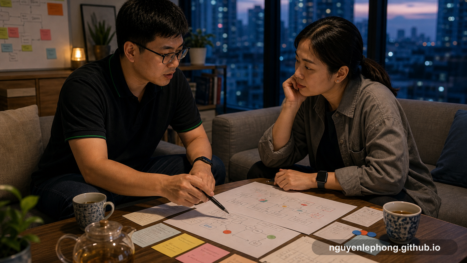 Nguyen Le Phong and a product teammate review release-risk notes and customer context over tea during an evening conversation.