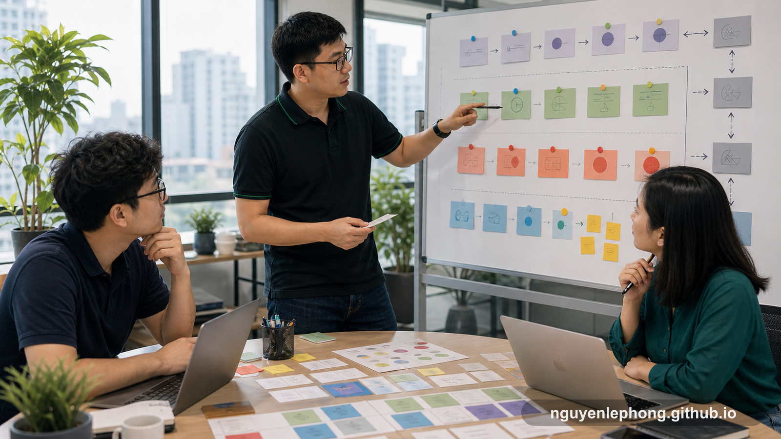 Nguyen Le Phong leads two teammates through a workshop board of options and checks while framing how to use an LLM with clearer boundaries.