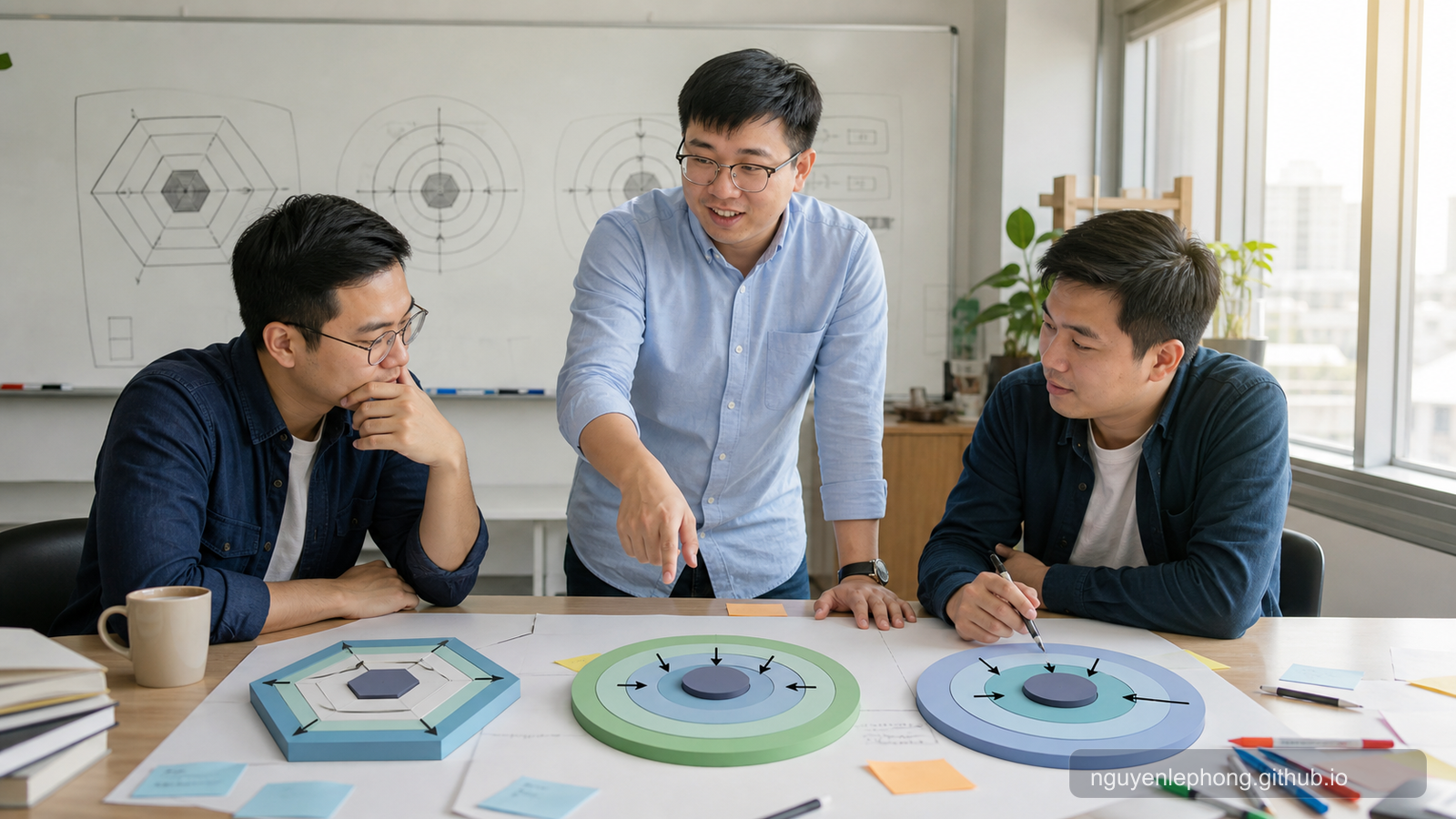 Ba kỹ sư đứng quanh bàn workshop nơi hình lục giác, các vòng onion và các vòng clean architecture cùng hướng về một lõi chung trên bảng trắng.