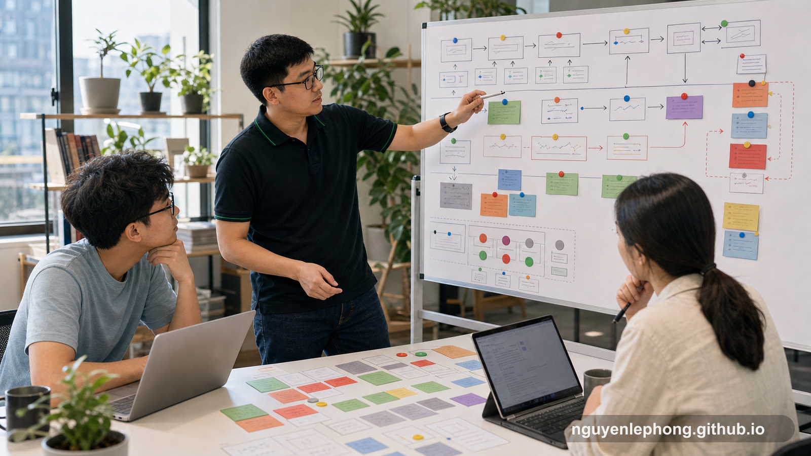 Nguyen Le Phong leads two teammates through a board of small review steps, invariants, and rollback paths during a daylight engineering workshop.