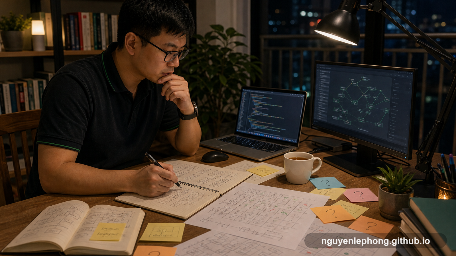 Nguyen Le Phong sits alone at a home desk at night, comparing code, dependency maps, and handwritten questions as he rebuilds his mental model.