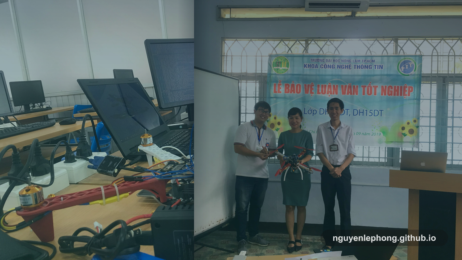 Phong và đồng đội bảo vệ đề tài drone bên cạnh một góc workbench thật, nơi con người, prototype và môi trường cùng hiện ra.