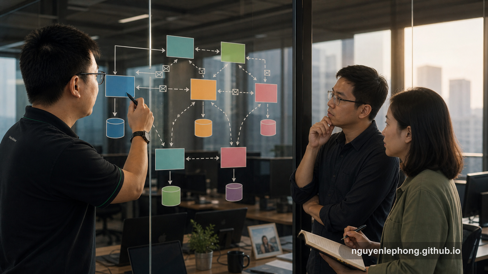Nguyen Le Phong stands beside a glass wall diagram, walking two teammates through how separate services keep their own data and exchange events instead of sharing tables.
