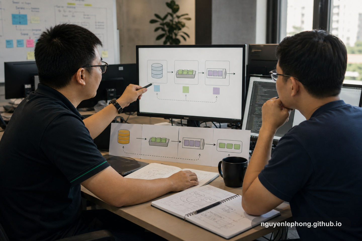 Nguyen Le Phong sits beside a teammate at a workstation, pointing at a simple database-to-outbox-to-broker flow while they review how one commit becomes a safe publish.