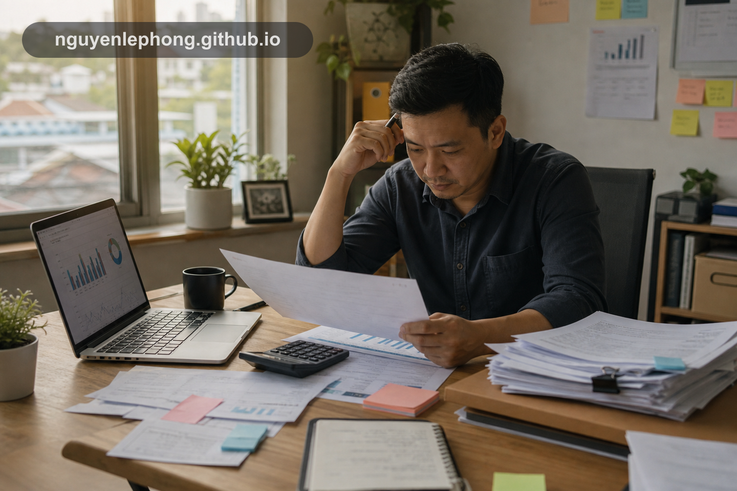 Một người sáng lập ngồi trước hóa đơn chưa thu, ghi chú chi phí và màn hình dự báo để cân nhắc quyết định khi biên độ tiền mặt còn hẹp.
