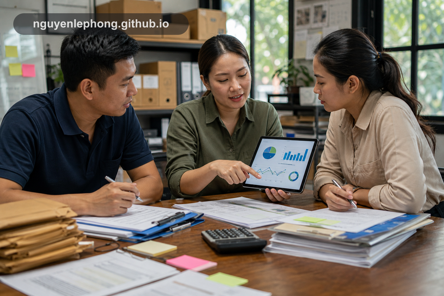 Ba người từ những function khác nhau cùng xem giấy tờ vận hành và một dashboard đơn giản để nối công việc hằng ngày với cash flow.