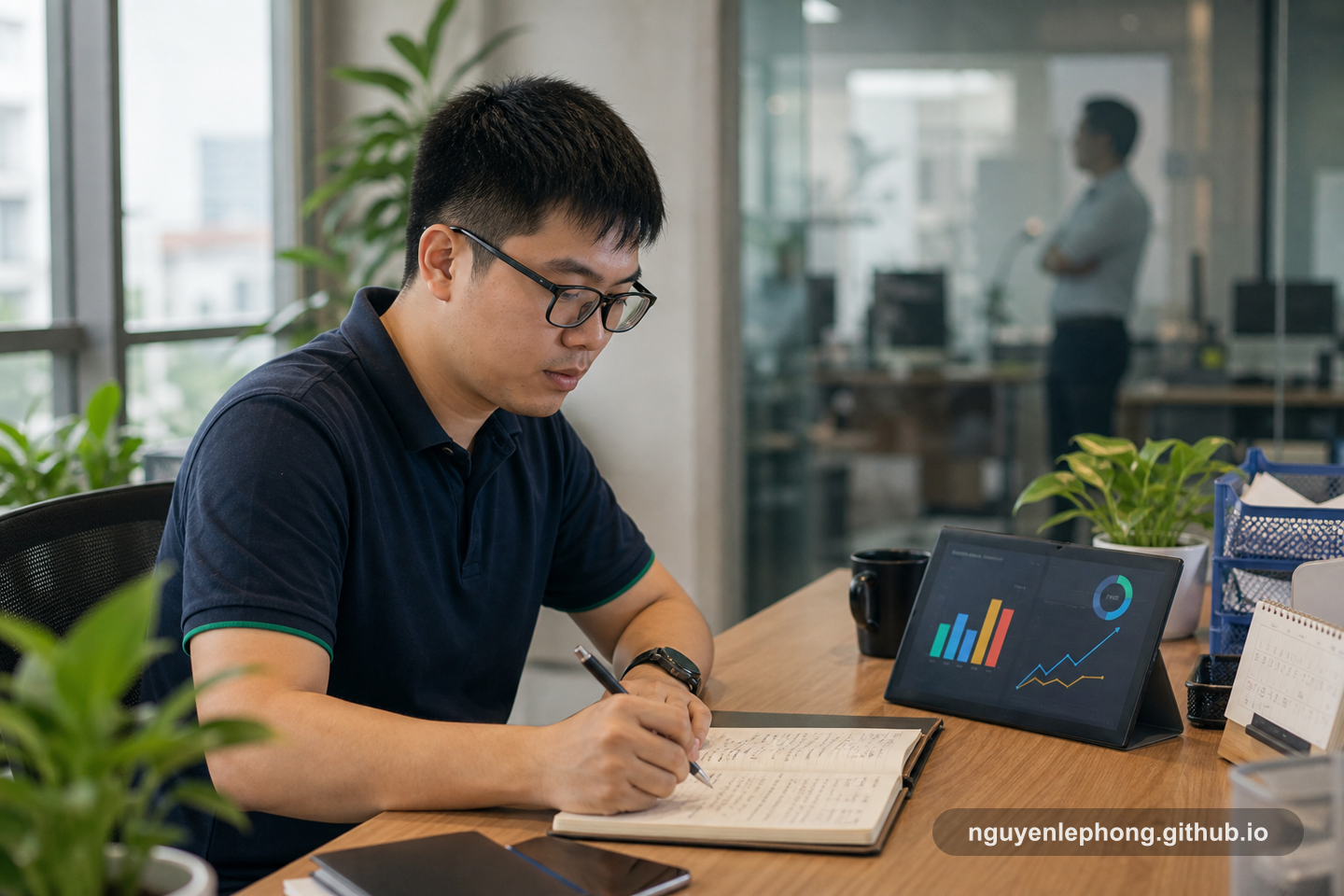 Một nhân sự tri thức Việt Nam vừa xem dashboard nhỏ vừa ghi chú ở bàn sáng, trong khi manager đứng mờ nhẹ phía sau lớp kính.