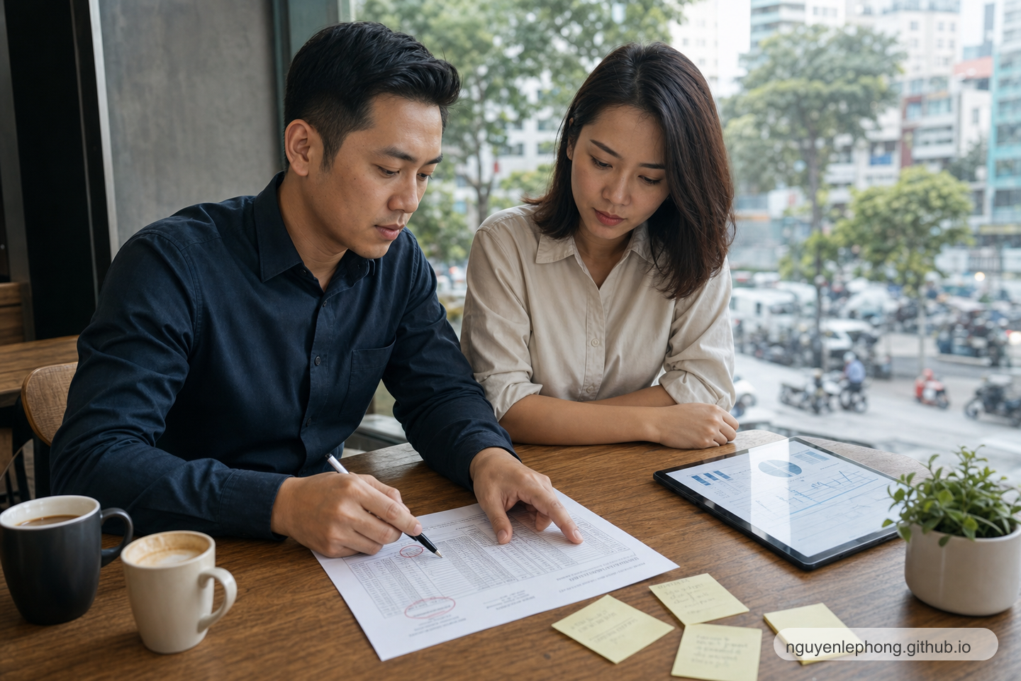 A Vietnamese founder and an operations lead review a one-page scorecard, circling a few metrics beside a tablet dashboard at a cafe table.