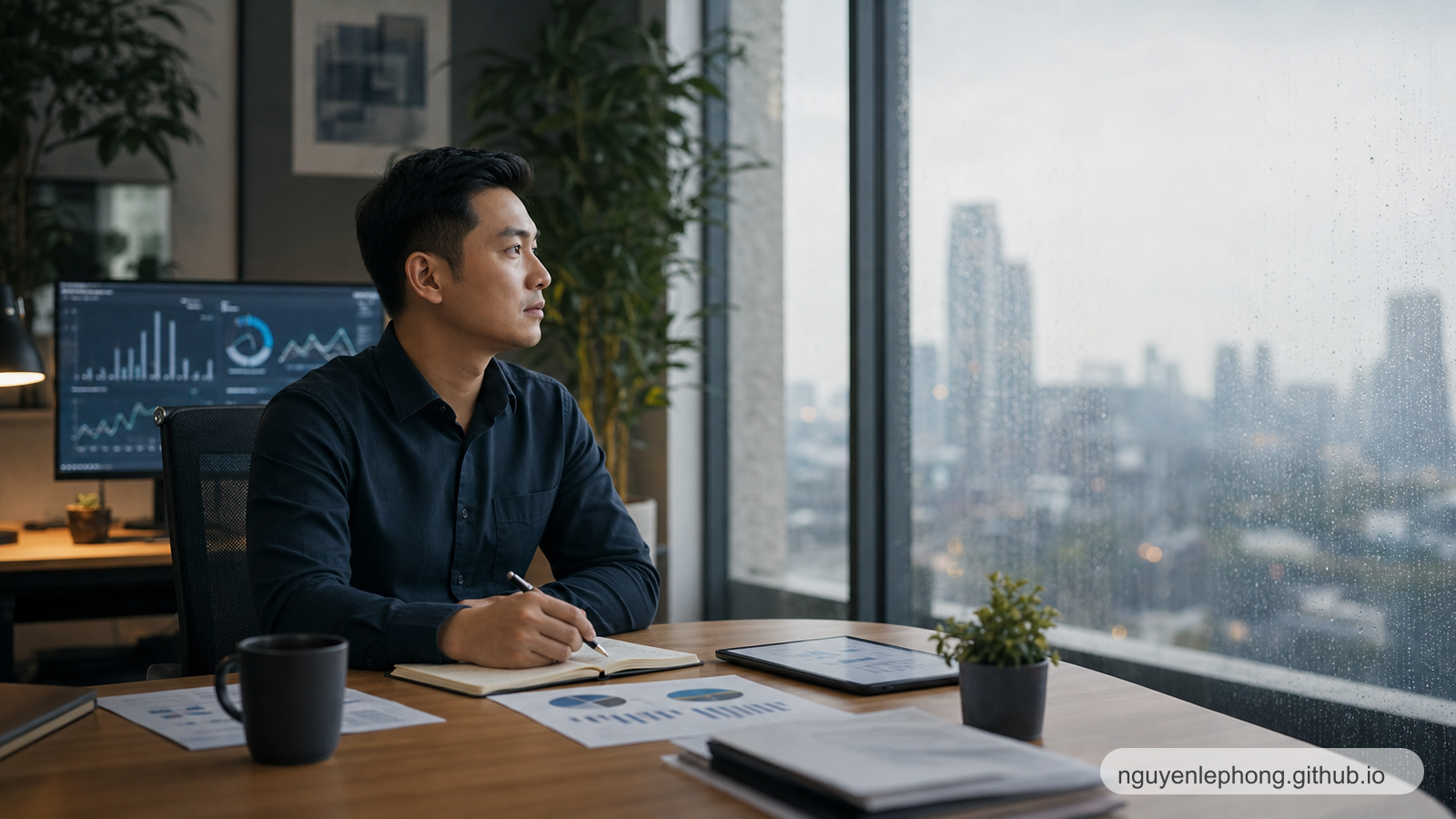A Vietnamese founder studies a notebook and quiet dashboard by a rain-streaked window above Ho Chi Minh City while trying to see which signals matter.