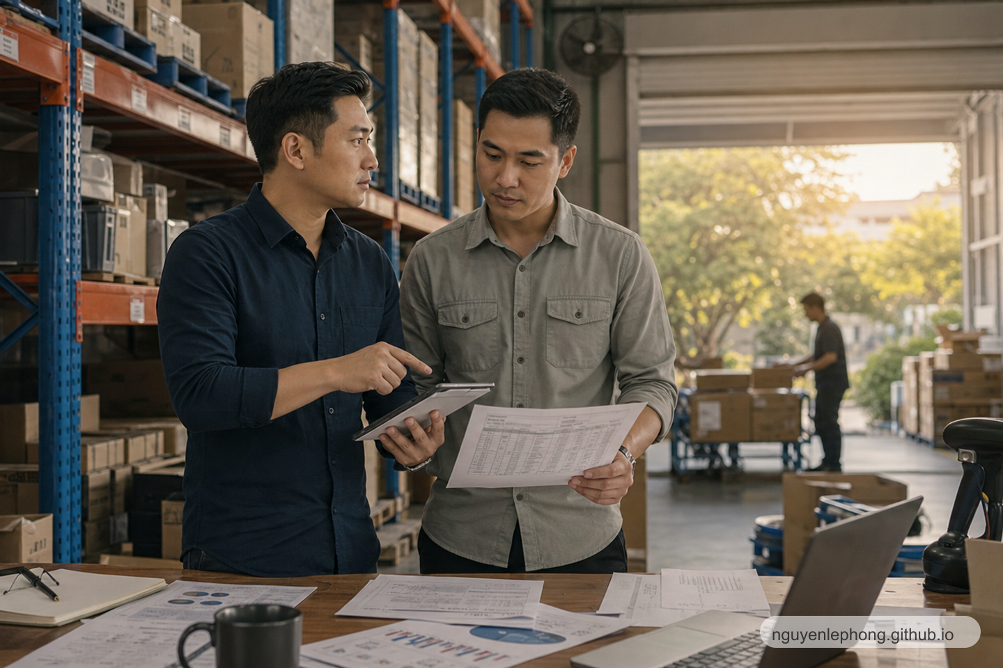Two Vietnamese operators compare a tablet dashboard and KPI printouts between warehouse racks before a delivery bottleneck becomes a fire.