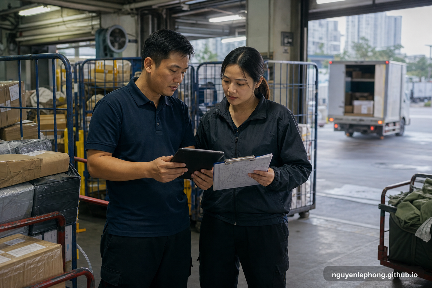 A Vietnamese dispatch supervisor and a customer support lead compare a tablet and checklist beside packed parcels before delayed deliveries spread.