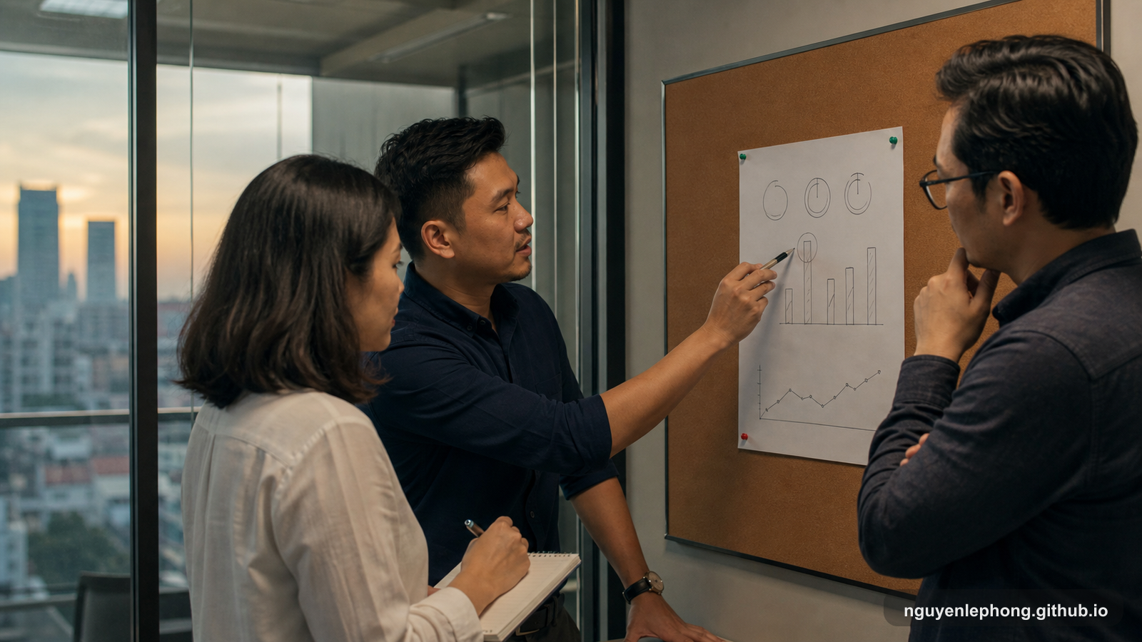Three Vietnamese leaders review a one-page weekly scorecard pinned to a cork board in a glass meeting room as dawn light reaches the city outside.