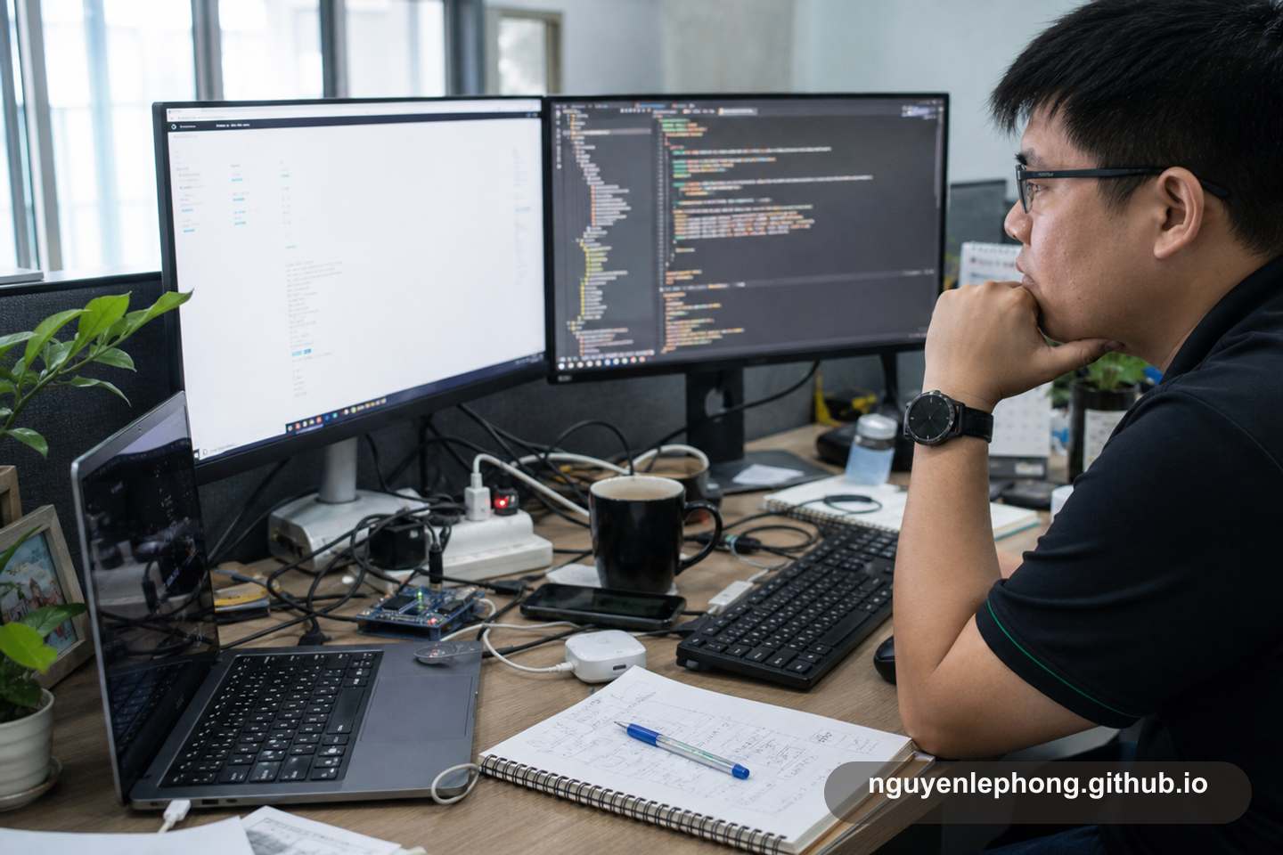 Nguyen Le Phong studies a crowded multi-monitor desk where cables, devices, notes, and code all compete for attention on the same working surface.