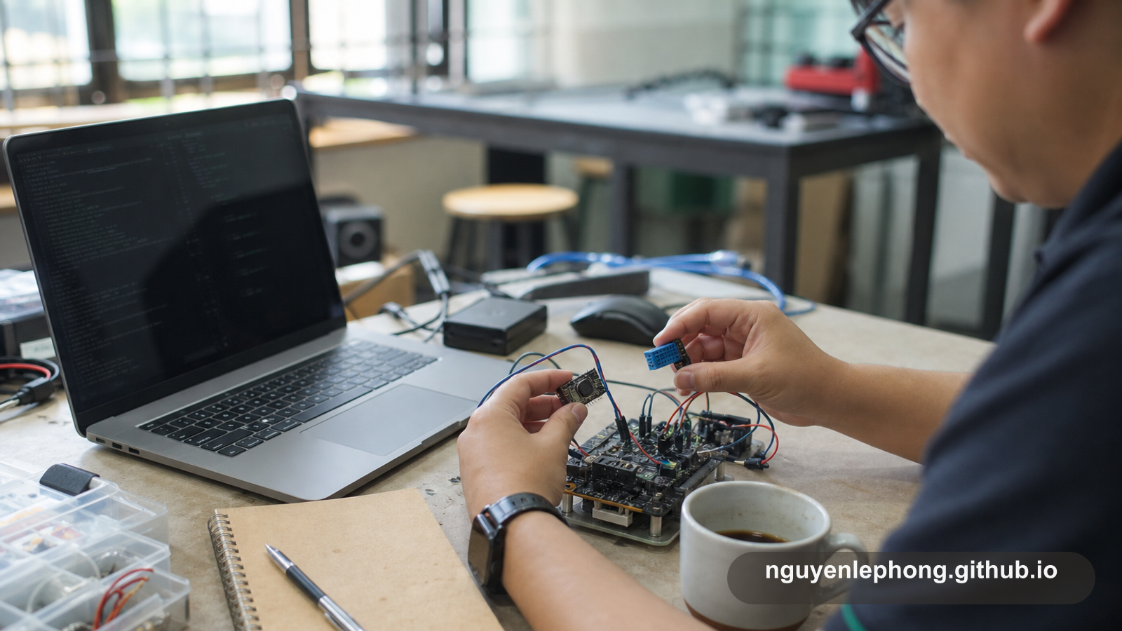 At a workshop table, Nguyen Le Phong swaps a small module beside a laptop and a compact test board, showing how one collaborator can change while the core setup stays calm.