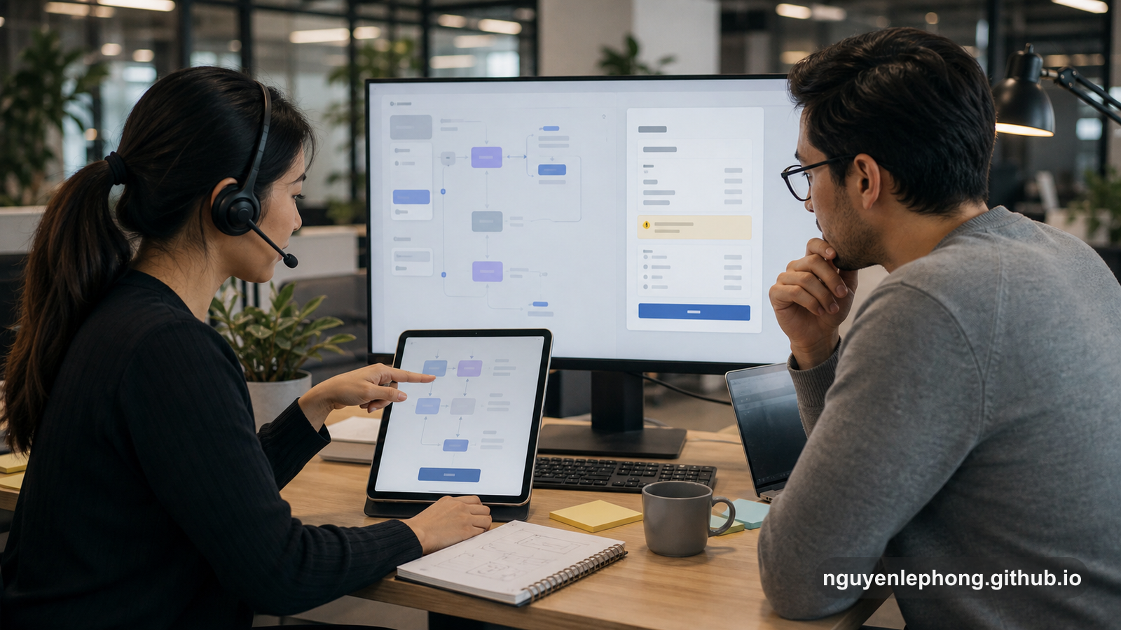 Một bạn support cùng một người làm product xem lại workflow refund với khung xác nhận rõ ràng và các manh mối về bước tiếp theo ngay trên màn hình.