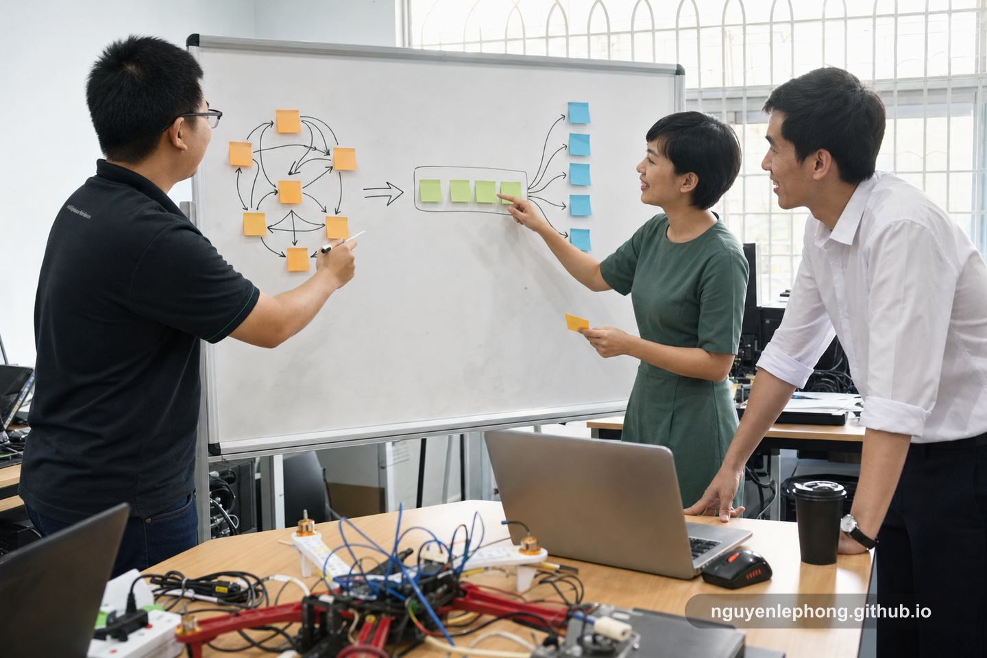 Ba kỹ sư Việt Nam đứng trước bảng trắng và biến một call chain rối thành queue với các subscriber độc lập.