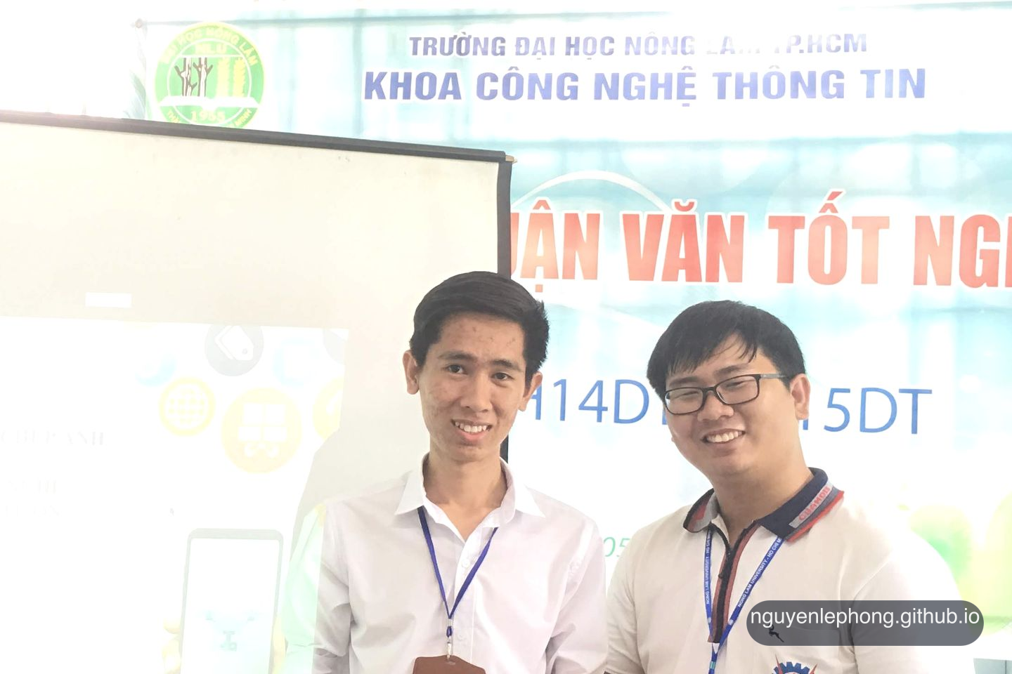 Nguyen Le Phong stands with a teammate after a university capstone drone demo, showing how potential becomes visible through concrete work and iteration.