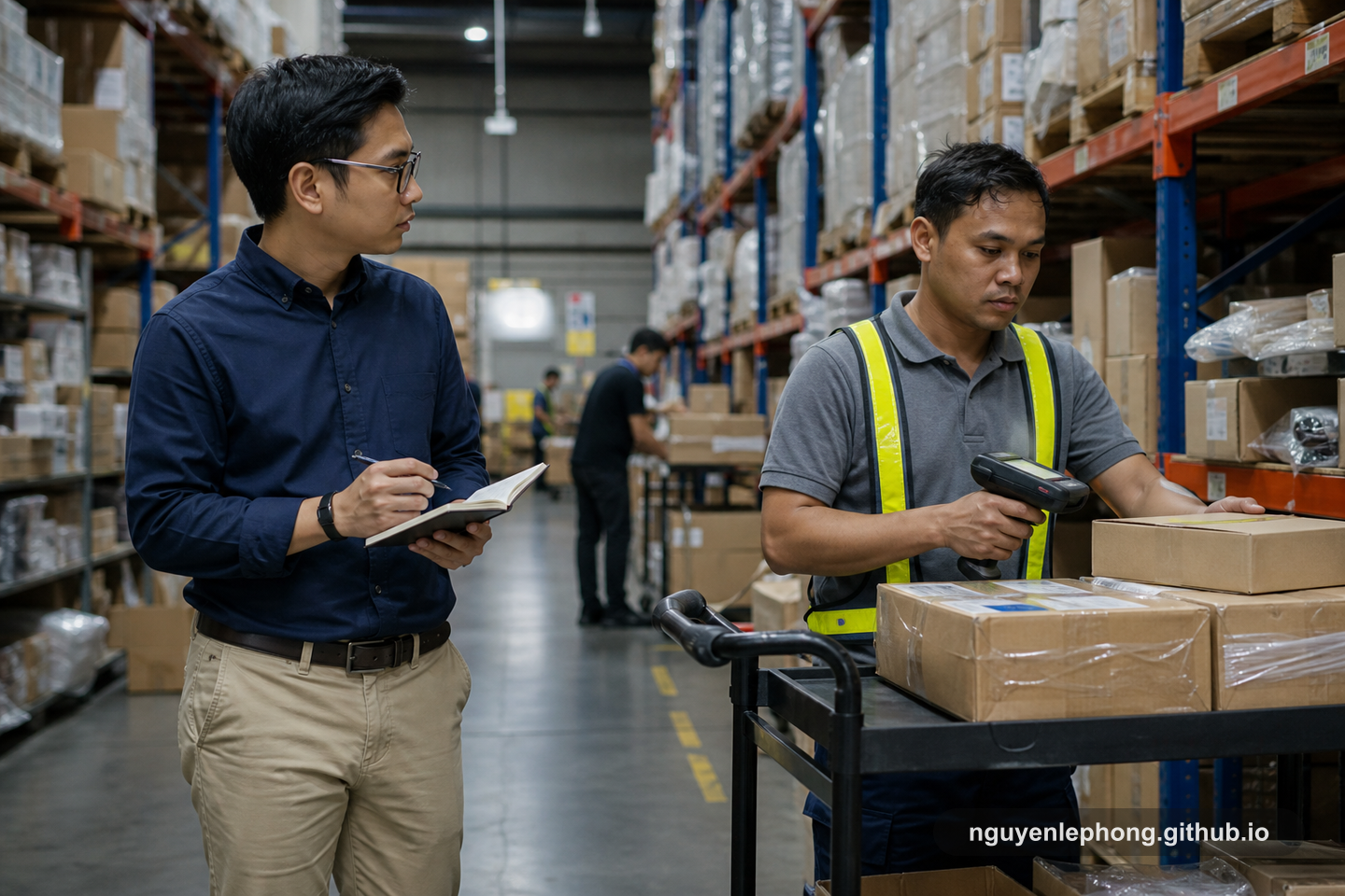 An analyst shadows a warehouse worker with a handheld scanner while checking the real picking flow on the warehouse floor.