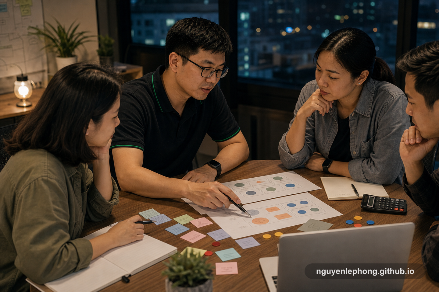 Nguyen Le Phong cùng ba đồng đội đối chiếu option cards, risk markers và ghi chú trong một buổi trao đổi Business Case cuối ngày.