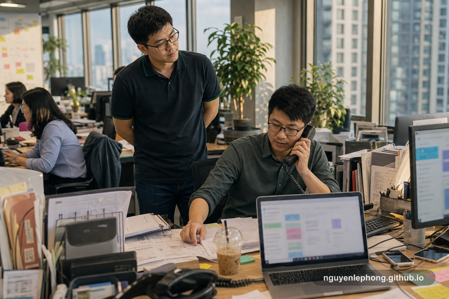 Nguyen Le Phong đứng quan sát một đồng đội xử lý cuộc gọi, ghi chú và CRM tại bàn operations trước khi chốt problem statement.