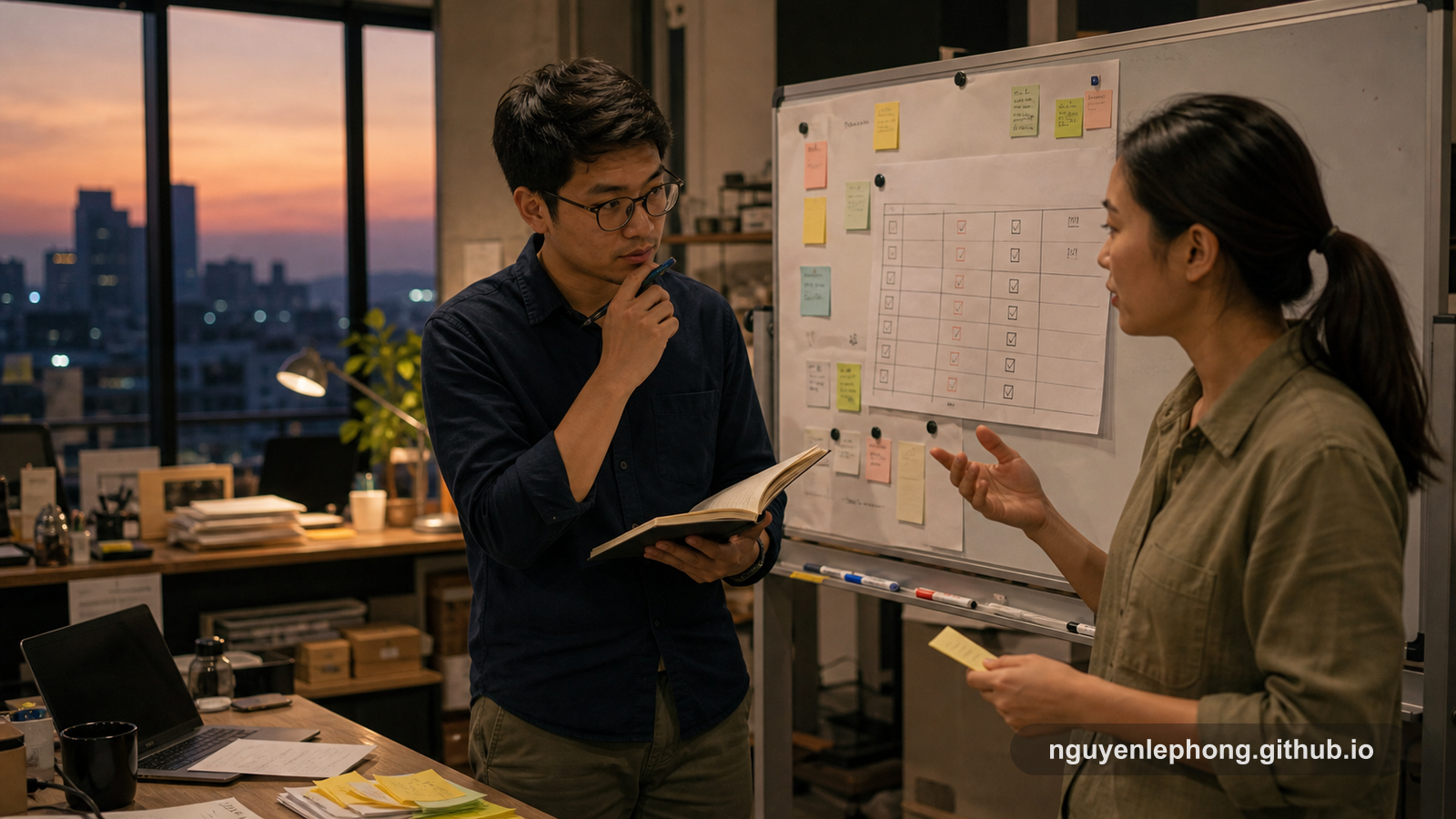Two coworkers pause near a release board at the end of the day, reviewing a late request with a notebook and calm body language instead of rushing into a quick yes.