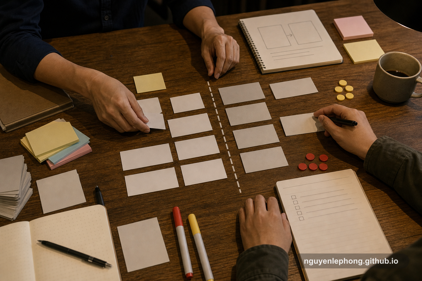 Hands arrange blank cards, markers, and checklist tokens around a visible cut line on a project table so the team can see what ships now and what moves later.