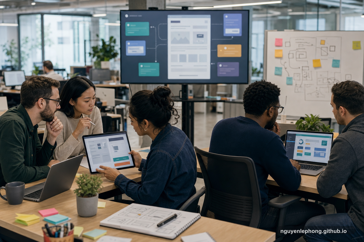 Two frontend squads work in parallel on separate interface modules while a central monitor shows abstract UI slices being composed into one product.