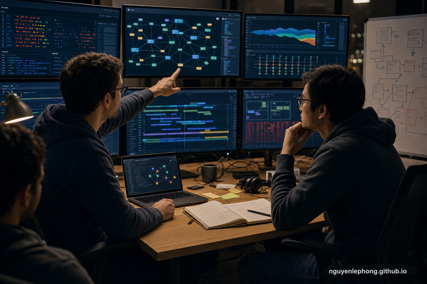 Two engineers debug a distributed frontend issue across observability screens with abstract traces, dependency blocks, and network timelines.