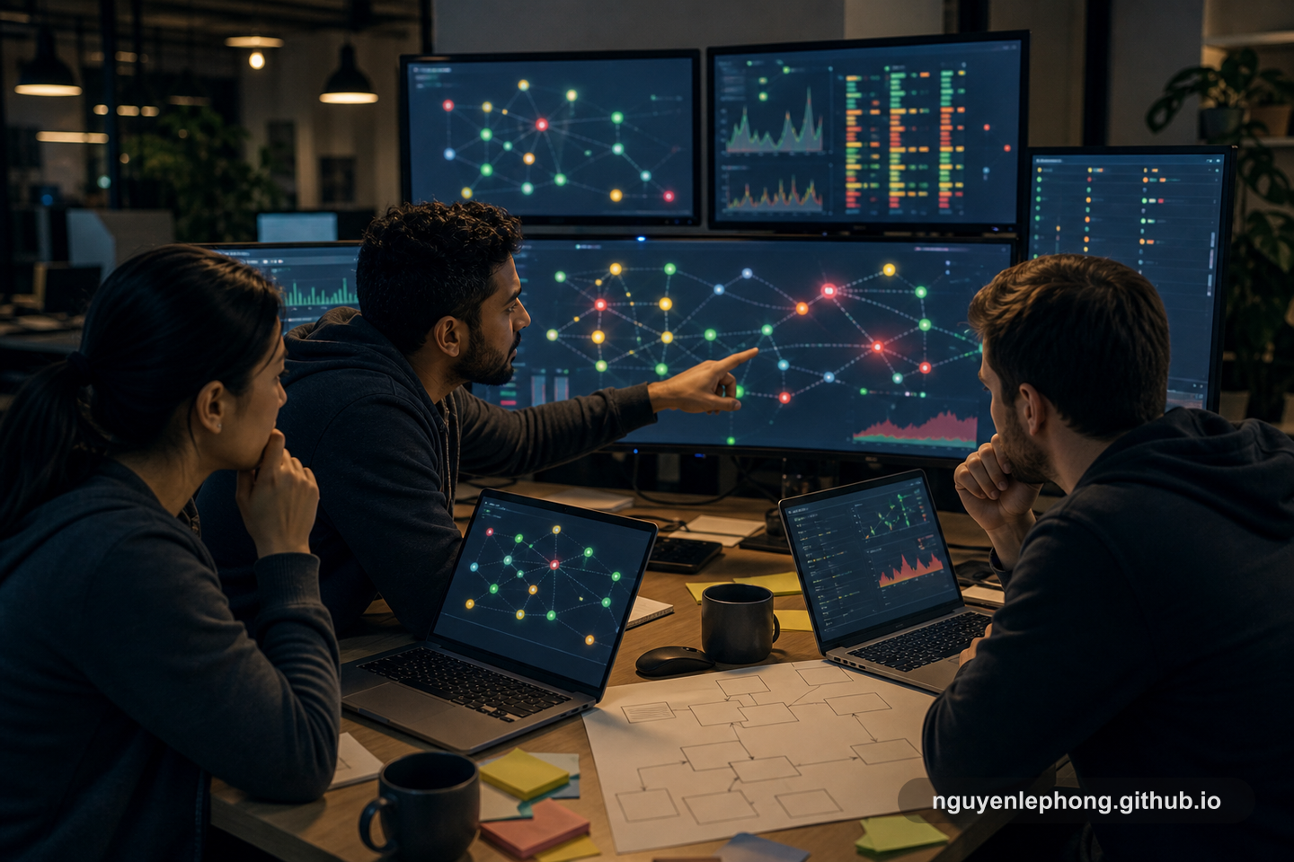 Các engineer cùng xem dashboard tracing trừu tượng trên nhiều màn hình trong lúc debug lỗi hệ phân tán.