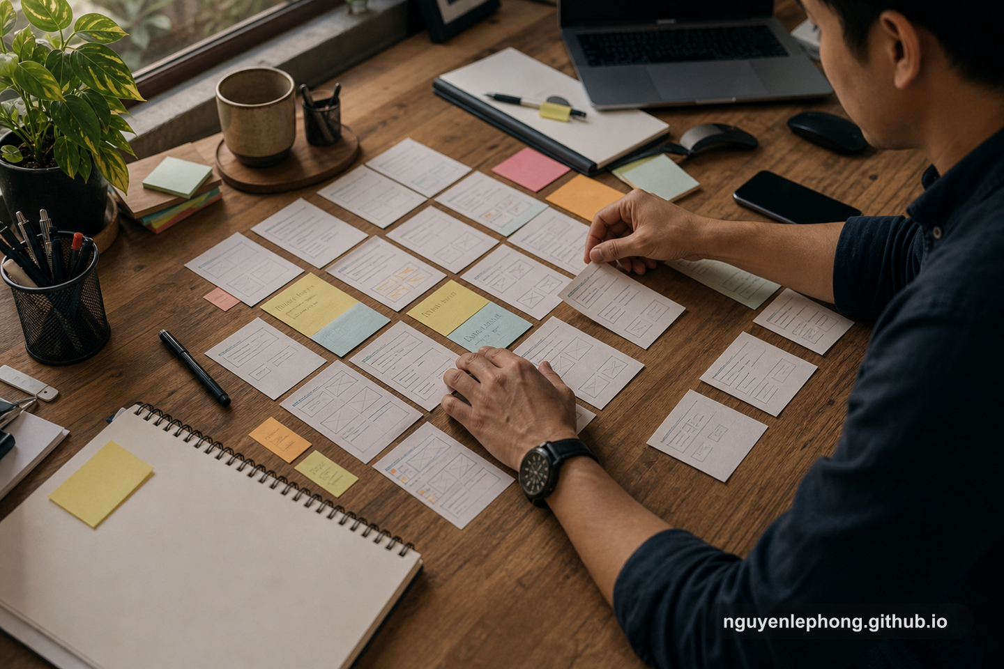 Hands arrange paper workflow cards and sticky notes across a wooden desk while the rest of the room stays out of frame.