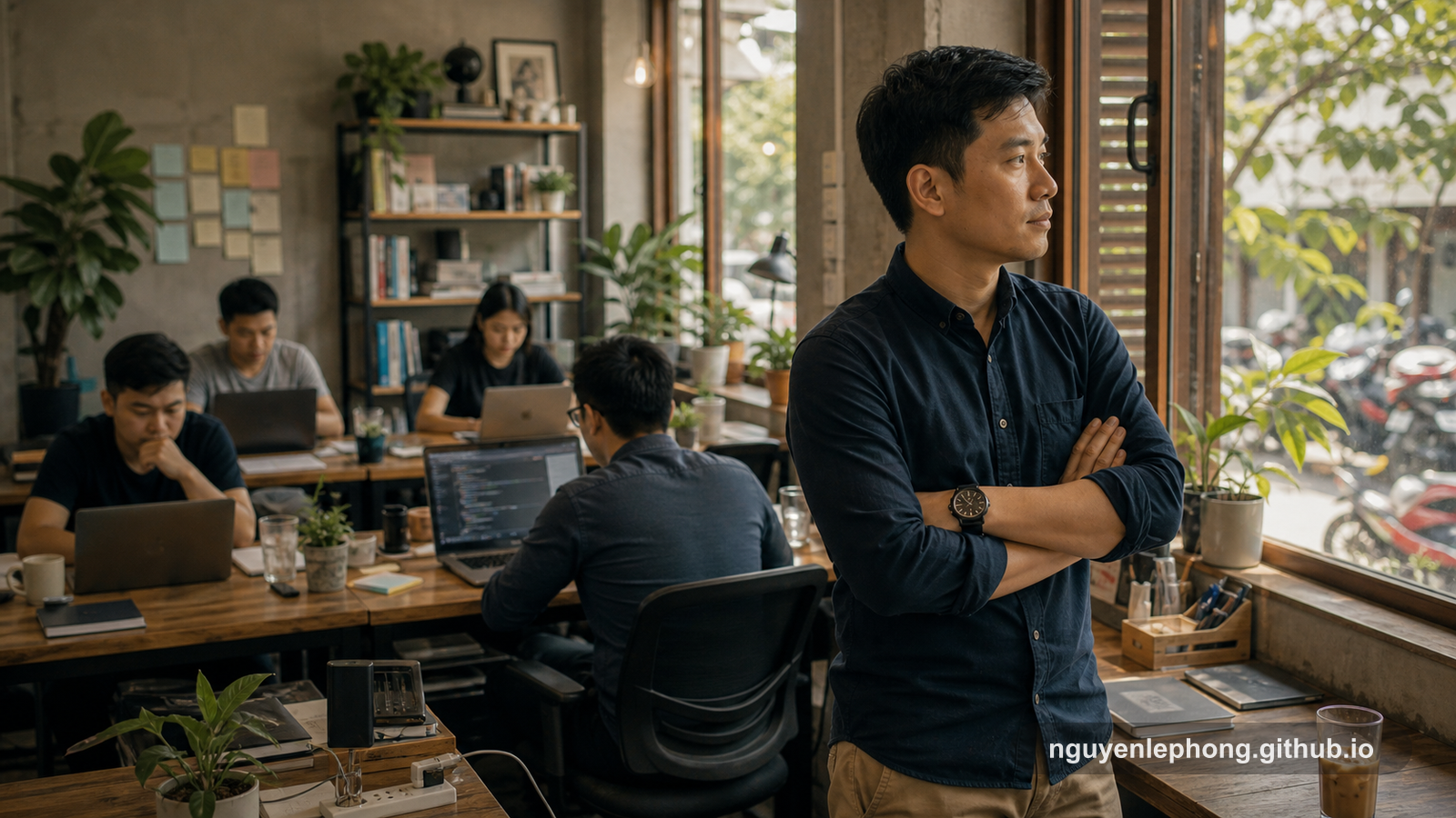 A thoughtful engineering lead stands near the window while teammates stay busy at their desks in a small co-working room.
