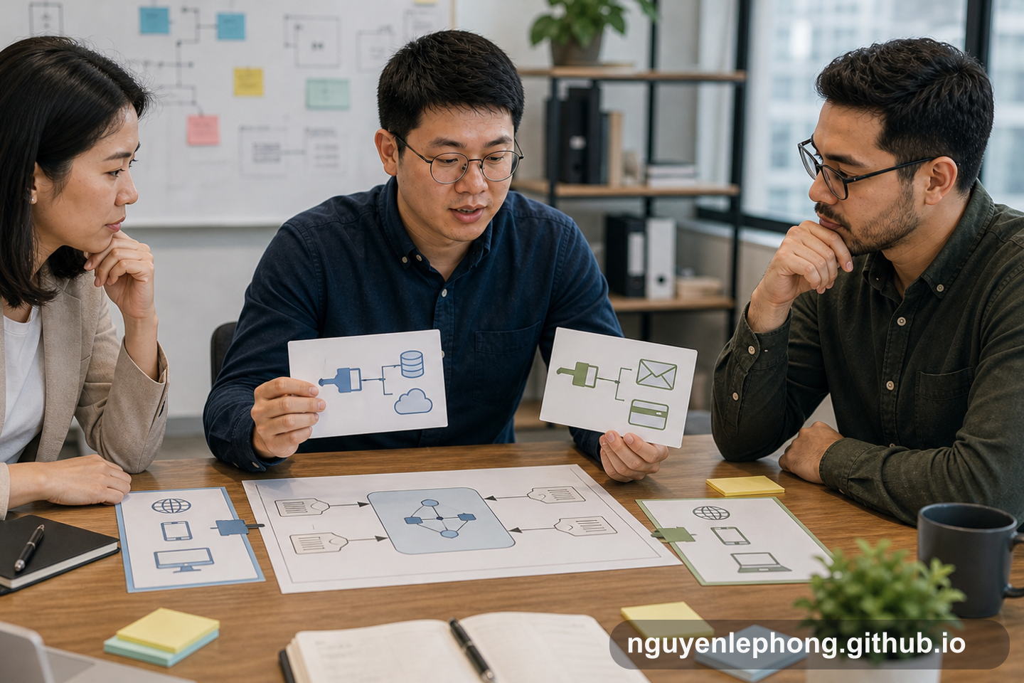 Phong reviews two adapter cards with teammates around a shared core diagram, comparing how different integrations can plug into the same business flow.