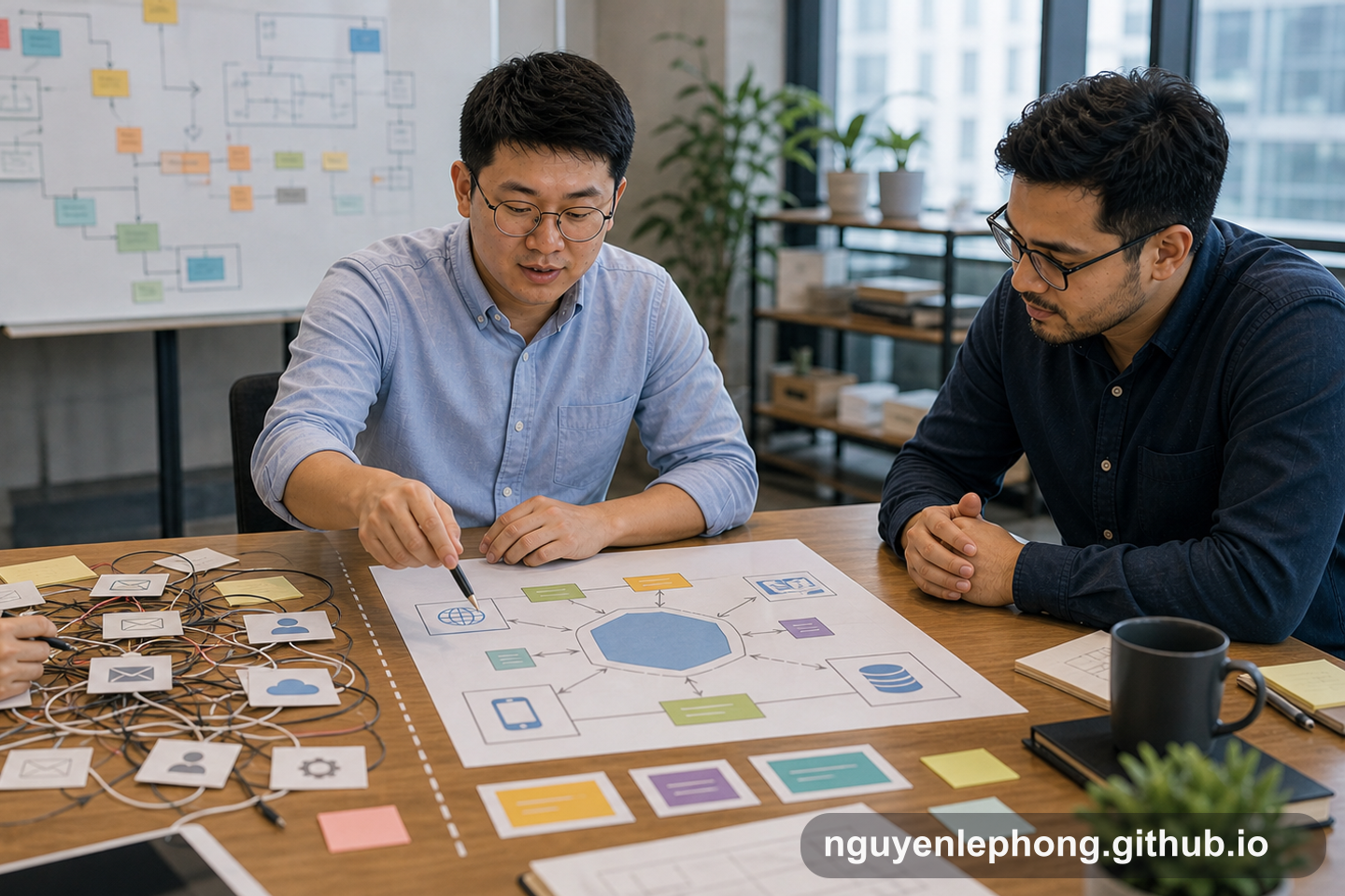 Phong compares a messy web of integration cards on one side of the table with a clean central core diagram on the other while a teammate follows the boundary line between them.