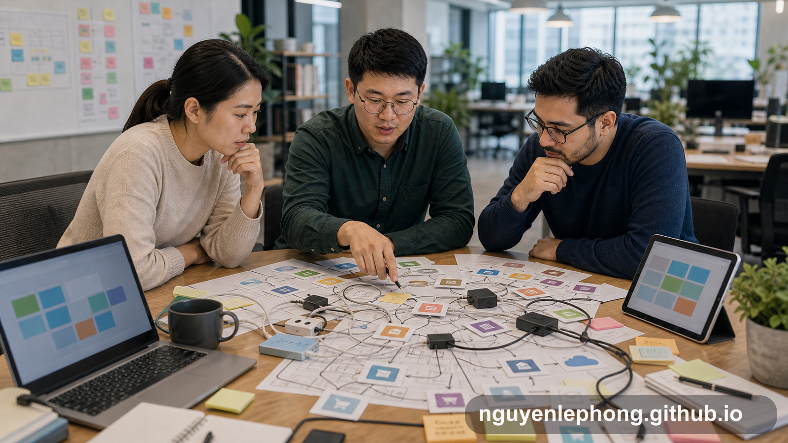 Phong and two teammates lean over a desk crowded with cables, integration cards, and scribbled arrows while tracing a tangled checkout flow.