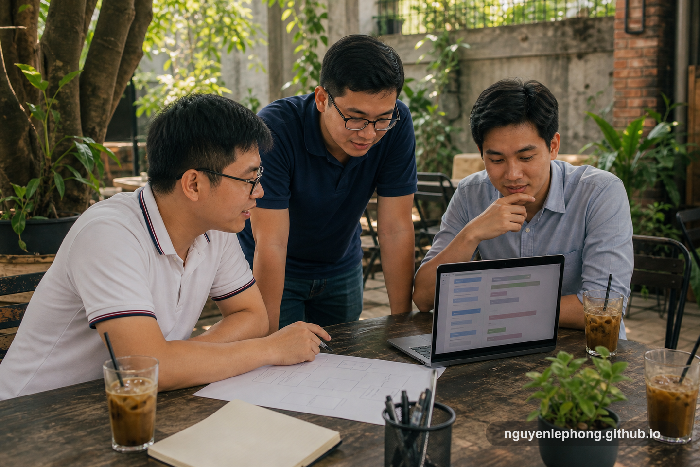 Nguyễn Lê Phong cùng hai người đồng đội đứng quanh một chiếc laptop trong khoảng sân ngoài trời, rà lại kế hoạch trước khi chốt hướng làm việc.