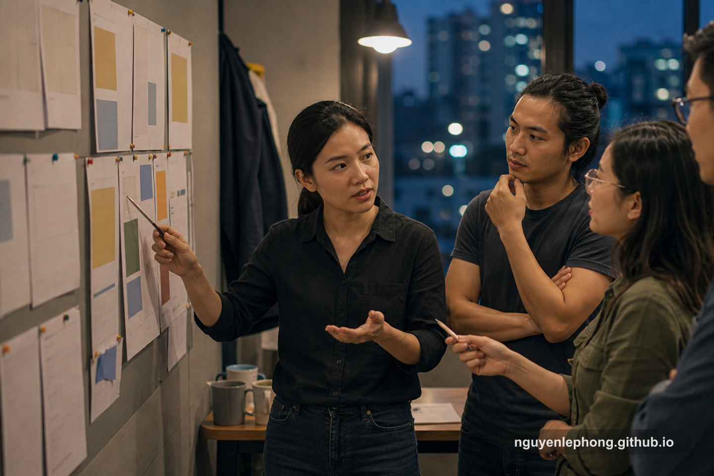 A Vietnamese female team lead maps next steps for three teammates in a focused evening standing huddle beside a planning wall.