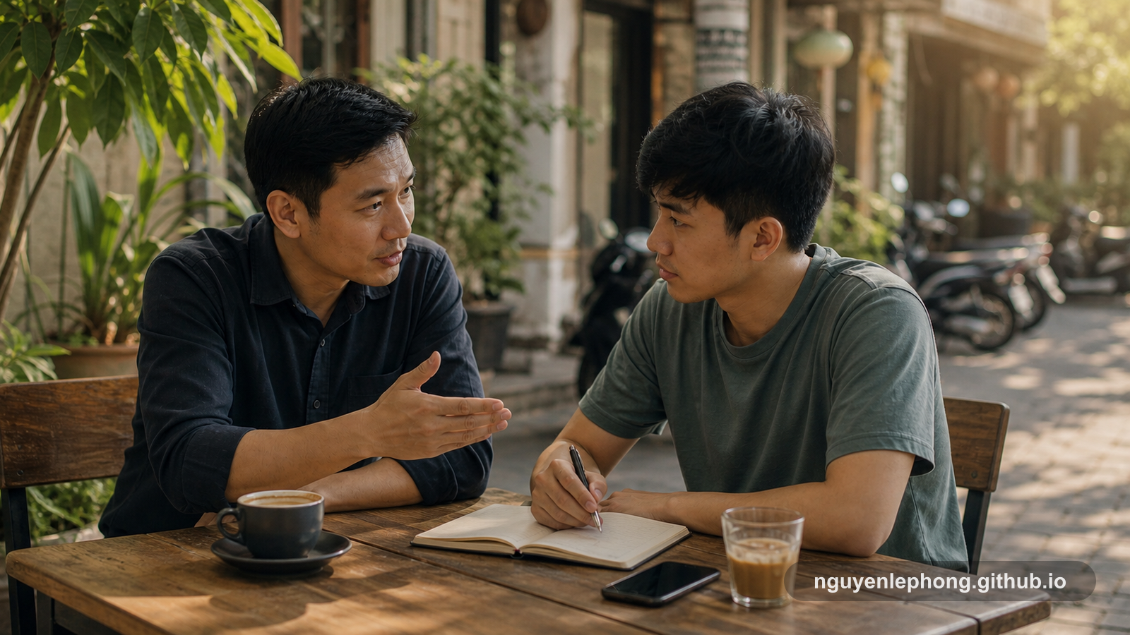 A Vietnamese engineering lead and a younger teammate talk through a notebook over coffee in an open-air city courtyard before work.