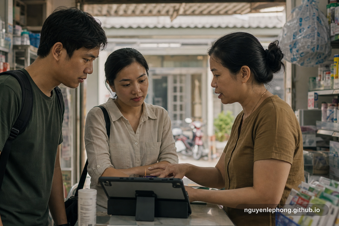 A Vietnamese engineer and support colleague listen as a neighborhood shop owner shows where a tablet workflow creates friction for real customers.