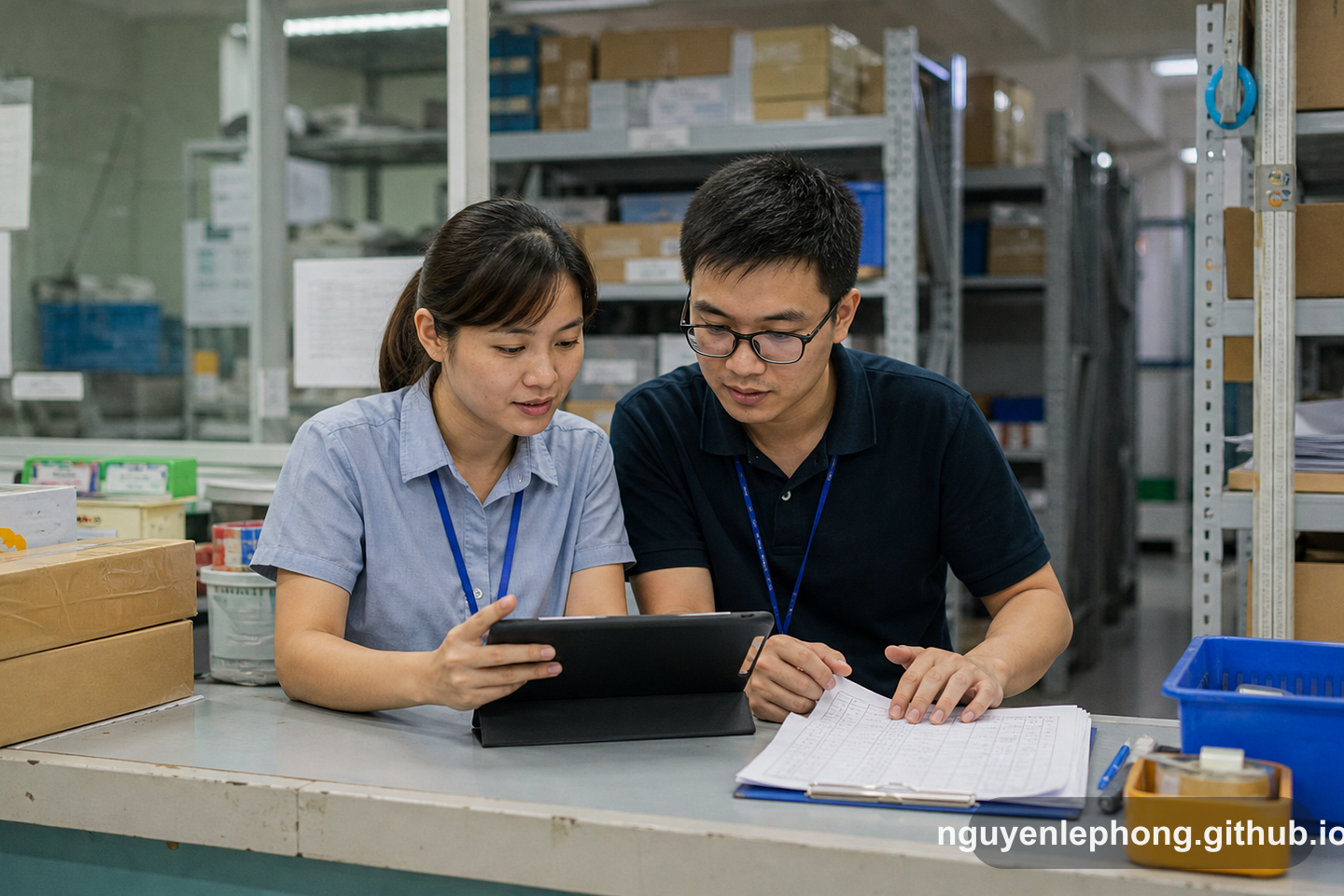A frontline clerk and an analyst compare a tablet workflow with a paper checklist at a storeroom counter during pilot rollout testing.