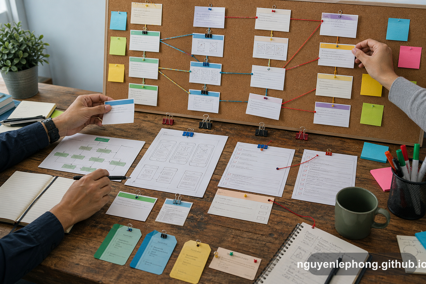 Hands map requirement cards, sketches, test checklists, and release notes across a corkboard and table using colored links.