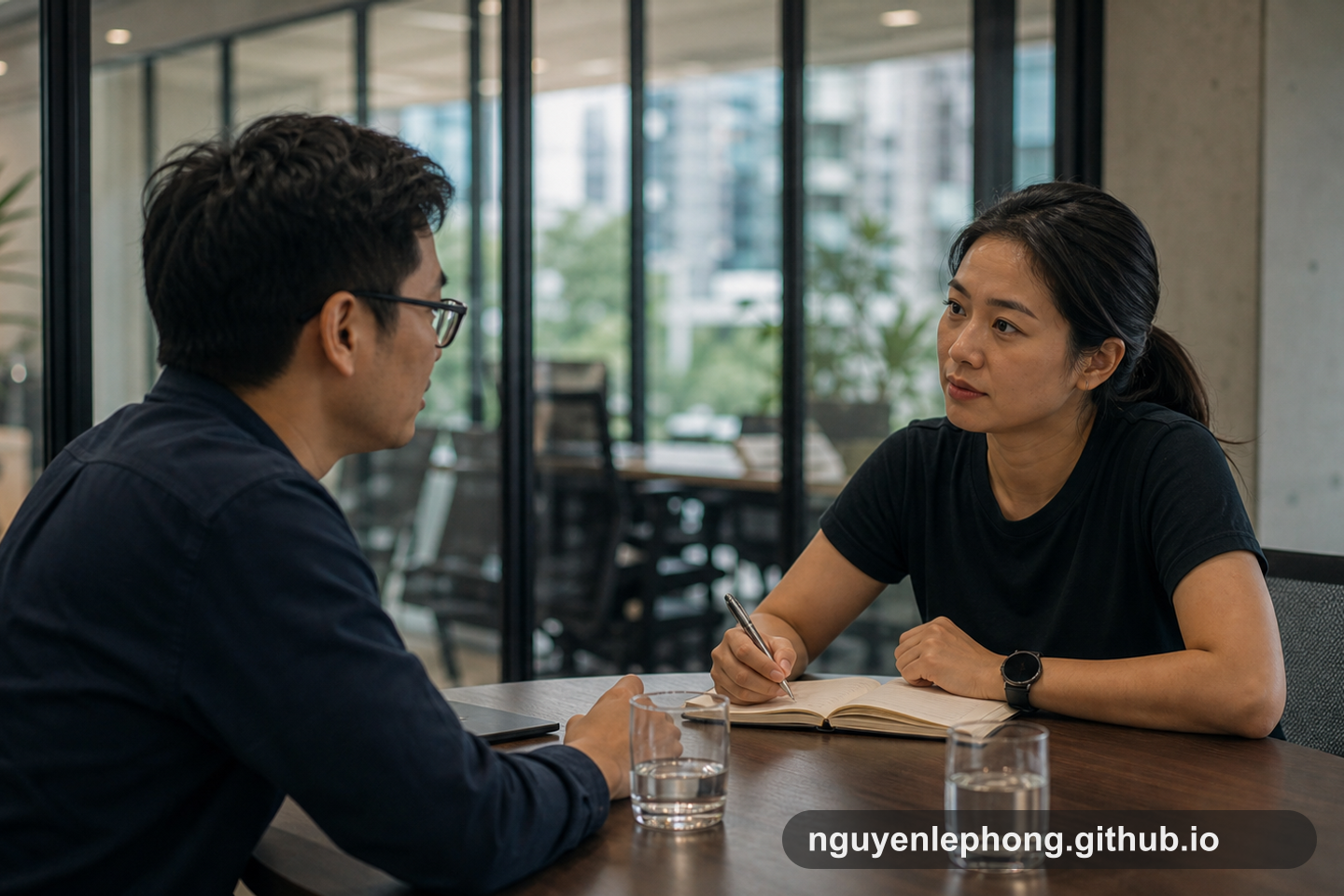 Hai đồng nghiệp ngồi đối diện trong phòng họp nhỏ, nói chuyện thẳng thắn với sổ ghi chép mở sẵn và laptop để sang một bên.
