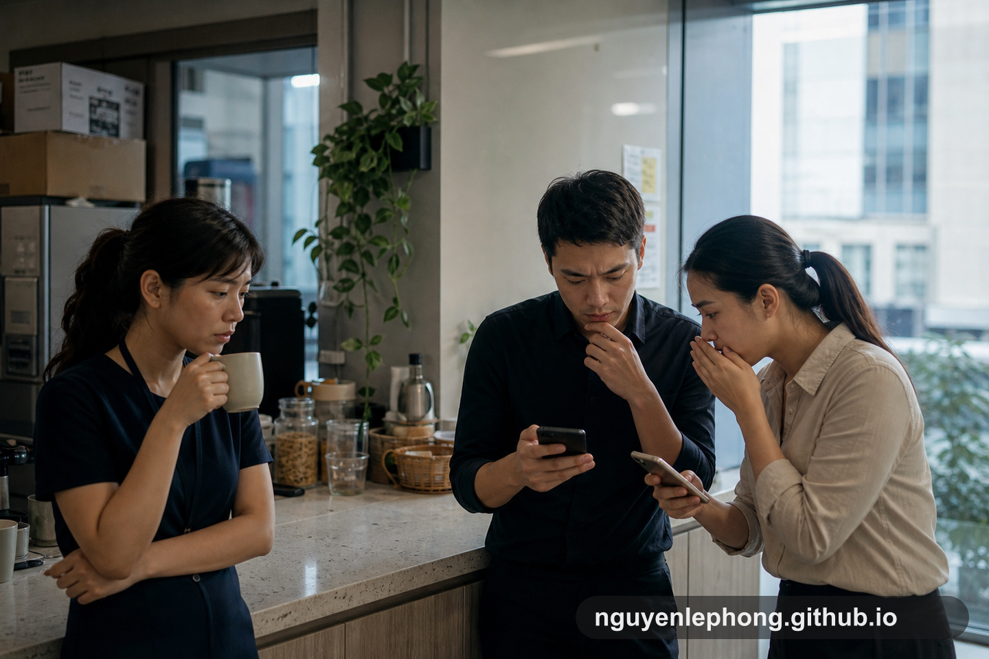 Ba đồng nghiệp đứng ở khu pantry, vừa nhìn điện thoại vừa dò phản ứng của nhau sau một cập nhật công ty mập mờ.